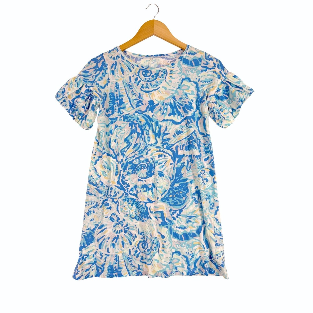 Lilly Pulitzer Dress Kids XL 12-14 Blue White Seashell Print Ruffle Sleeve 29157